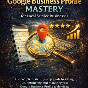 May include: A promotional image for "Google Business Profile Mastery" featuring a smartphone displaying a Google search, a magnifying glass with a location pin, and a rising graph. The image has a dark background with gold accents and text.