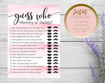 Guess Who Mommy or Daddy Baby Shower Game, Pink Guess Who Baby Game, Girl Baby Shower Guess Who Game, Watercolor Mommy or Daddy Shower Game
