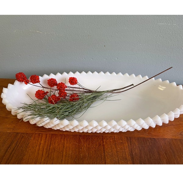 Milk Glass Dish, White Hob Nail Glass Oval Bowl, Appetizer Server, Candy Dish or Catch All, Shabby Farmhouse Decor