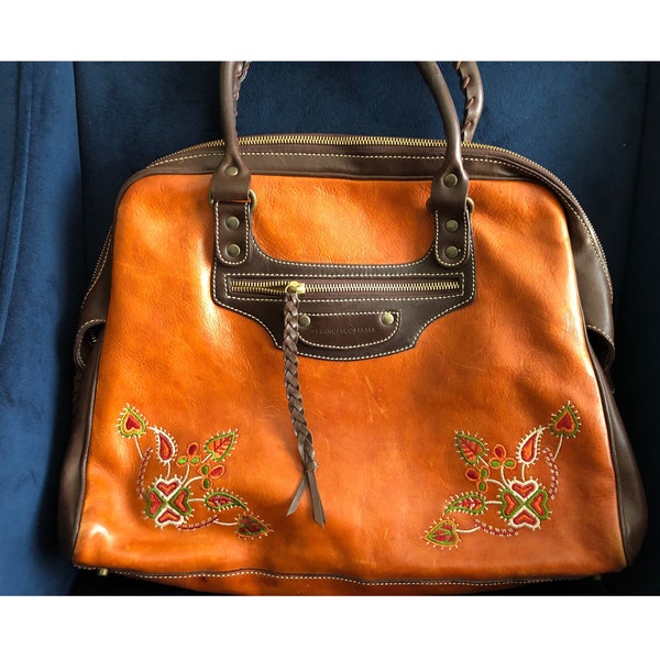 Vintage Francesco Biasia Embroidered Purse, Genuine Leather Italian Designer Shoulder Bag, Large Overnight Laptop Carmel Brown Tote