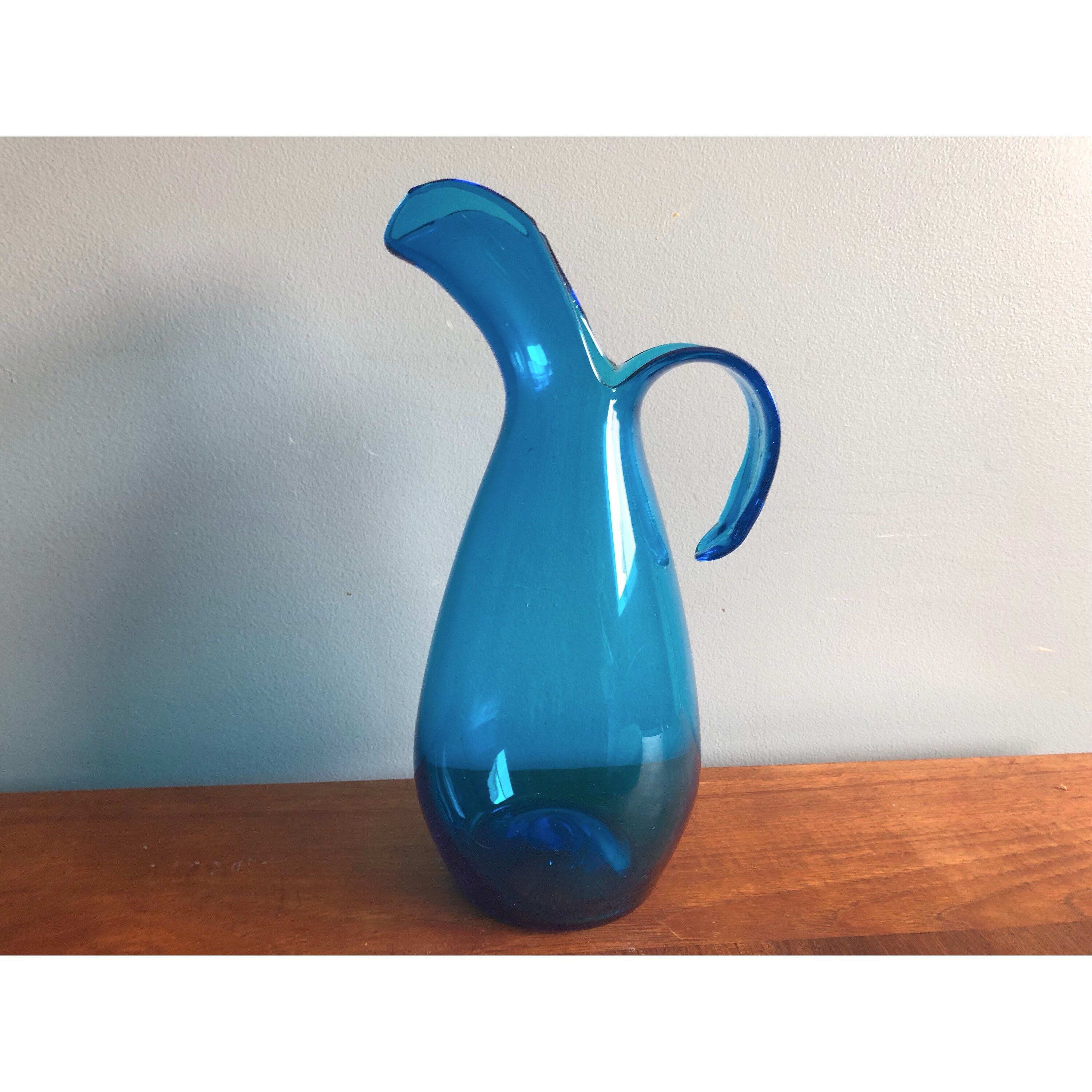 Vintage Hand Blown Carafe With Handle Aqua Blue Glass Water Etsy UK