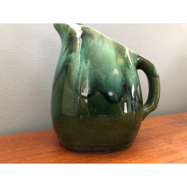 Vintage Beauce Pitcher, Green Glazed Creamer, Canadiana Dish, Coffee Cream & Milk Jug