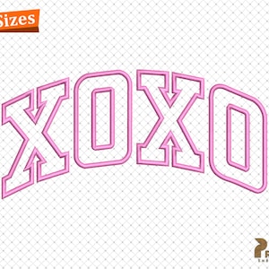 May include: Pink XOXO embroidery design in a varsity style font. The letters are outlined in white.