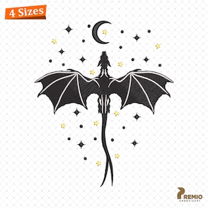 May include: Black silhouette of a dragon with wings spread, flying against a white background with a crescent moon and gold stars.