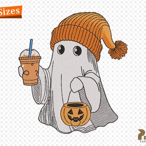 Spooky Ghost with Coffee Embroidery Design, Ghost Coffee Halloween Machine Embroidery Files, Ghost With Coffee and Pumpkin Embroidery Files