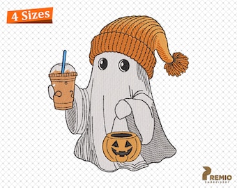 Spooky Ghost with Coffee Embroidery Design, Ghost Coffee Halloween Machine Embroidery Files, Ghost With Coffee and Pumpkin Embroidery Files