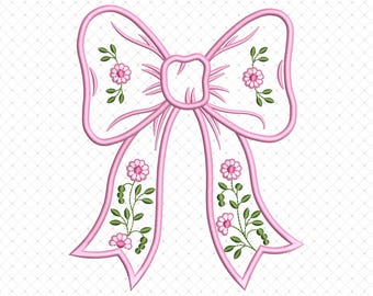 Floral Bow Applique Embroidery Files, Spring Side Bow Ribbon Machine Embroidery Design, Pink Bow Girly Coquette Digital Embroidery Design