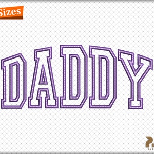 May include: Purple "DADDY" text in a varsity style font with a white outline. The text is on a white background with a subtle grid pattern.