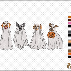 以下が含まれることがあります： ハロウィンのために幽霊に扮した犬が4匹います。犬たちは白いシーツを着て、頭を出しています。1匹の犬がジャック・オー・ランタンの顔をした小さなオレンジ色のカボチャを持っています。