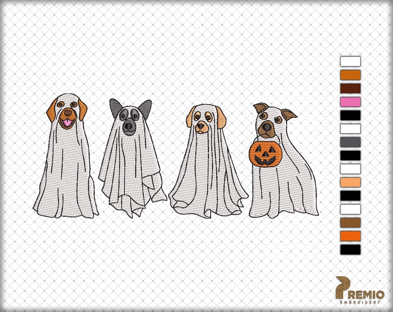 以下が含まれることがあります： ハロウィンのために幽霊に扮した犬が4匹います。犬たちは白いシーツを着て、頭を出しています。1匹の犬がジャック・オー・ランタンの顔をした小さなオレンジ色のカボチャを持っています。