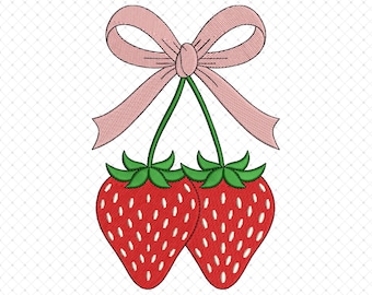 Cute Strawberry Ribbon Bow Embroidery Designs, Strawberry and Pink Ribbon Embroidery Design, Spring Aesthetic Strawberries Embroidery Design
