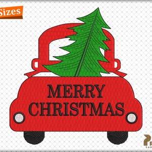 Merry Christmas Truck Embroidery, Christmas Truck Tree Embroidery Design, Red Truck Christmas Tree  Machine Embroidery Design - Digital File