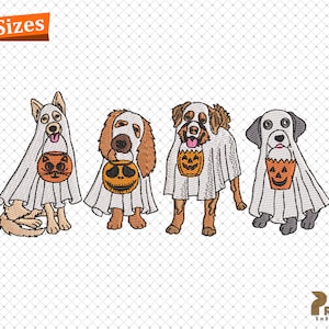 Puede incluir: Cuatro perros disfrazados de fantasmas para Halloween, cada uno con un cubo de truco o trato. Los perros son un pastor alem&aacute;n, un golden retriever, un cocker spaniel y un labrador.