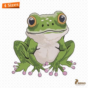 May include: Green frog with large, round eyes and a wide smile. The frog is sitting with its legs crossed and its feet tucked under its body. The frog is embroidered with detailed stitching.
