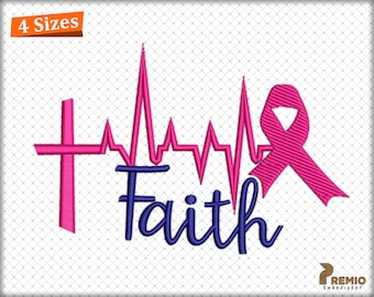 Faith Embroidery Design, Cancer Awareness Machine Embroidery Files, Awareness Ribbon Heartbeat Embroidery Designs - Sizes 4 -INSTANT DIGITAL