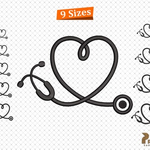 May include: Black and white digital embroidery design of a stethoscope in the shape of a heart. The design is available in nine sizes.