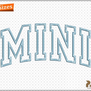 May include: Embroidered design of the word "MINI" in a blue and white color scheme. The letters are outlined in a darker blue and have a stitched appearance.