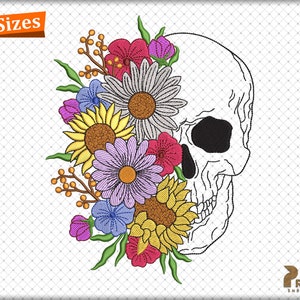 Floral Skeleton Embroidery Designs, Halloween Flower Skeleton Embroidery Patterns, Spooky Boho Skull with Flowers Machine Embroidery File