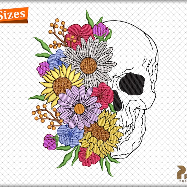 Floral Skull Embroidery Designs, Halloween Flower Skeleton Embroidery Patterns, Spooky Boho Skull with Flowers Machine Embroidery File