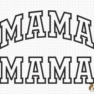 Puede incluir: Dise&ntilde;o de bordado en blanco y negro de la palabra "MAMA" escrita dos veces, una vez en una fuente m&aacute;s grande y otra en una fuente m&aacute;s peque&ntilde;a.