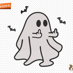 May include: A cartoon ghost with black eyes and a black outline, giving the middle finger. The ghost is surrounded by three black bat silhouettes. The words "5 Sizes" are in an orange banner in the upper left corner. The image is on a white background.