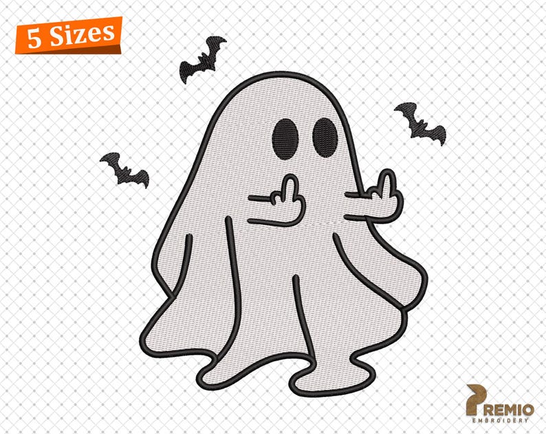 May include: A cartoon ghost with black eyes and a black outline, giving the middle finger. The ghost is surrounded by three black bat silhouettes. The words "5 Sizes" are in an orange banner in the upper left corner. The image is on a white background.