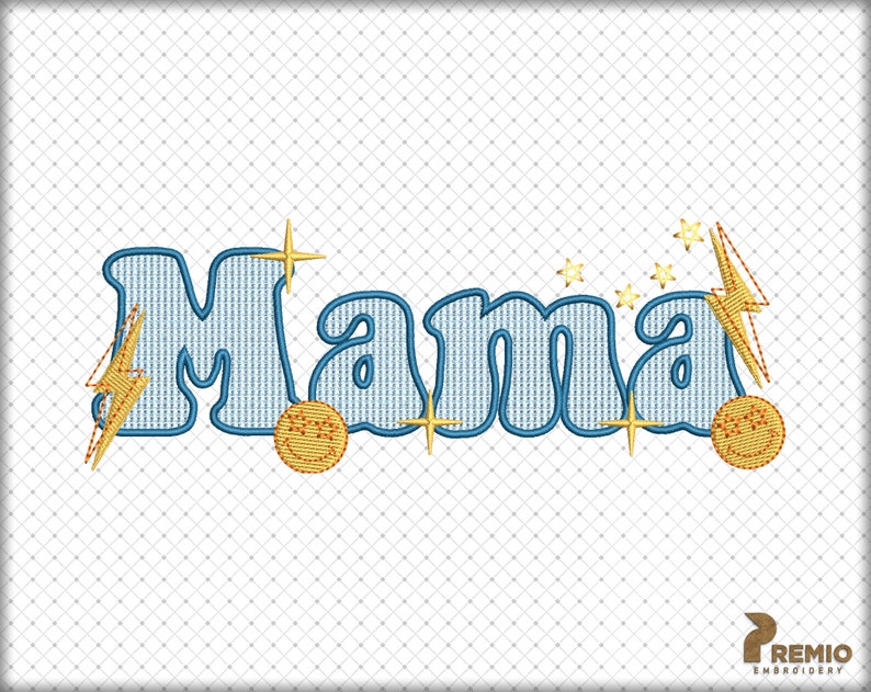 K&ouml;nnte beinhalten: Das Wort "Mama" in blauer Stickerei mit gelben Blitzen, Sternen und Smiley-Gesichtern.