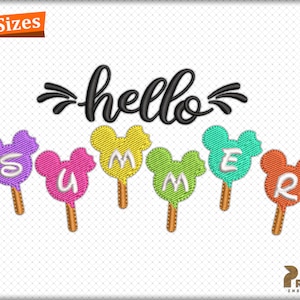 May include: Embroidered design featuring the text "hello summer" with the word "summer" spelled out in colourful Mickey Mouse-shaped popsicles.