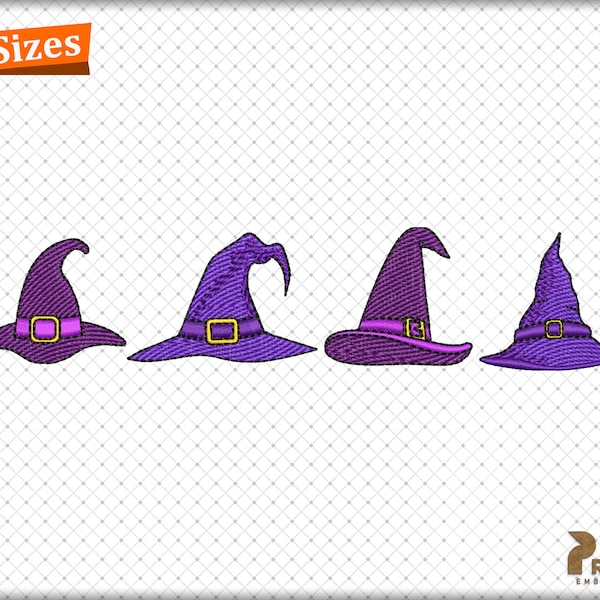 Witch Hat Embroidery Design, Four Halloween Hat Machine Embroidery Files, Gothic Witch Hat Halloween Embroidery Designs - Instant Download