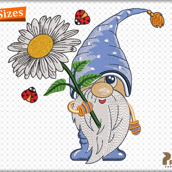 Daisy Gnome Embroidery Design, Spring Gnome Embroidery Files, Gnome with Daisy Embroidery Design, Gnome Embroidery Design - Digital Download