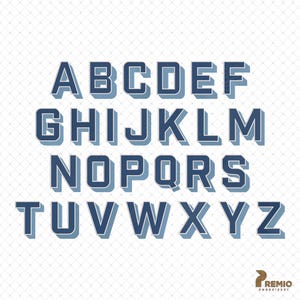 May include: A complete alphabet in a navy blue, 3D block letter font with a light blue shadow effect. The letters are arranged in rows on a white background with a subtle grid pattern. The Remio Embroidery logo is in the bottom right corner.