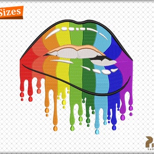 May include: An embroidered design of a pair of lips in a rainbow of colors, with dripping paint effect. The lips are outlined in black, with white teeth and a tan-colored tongue. The text "3 Sizes" is in the upper left corner.