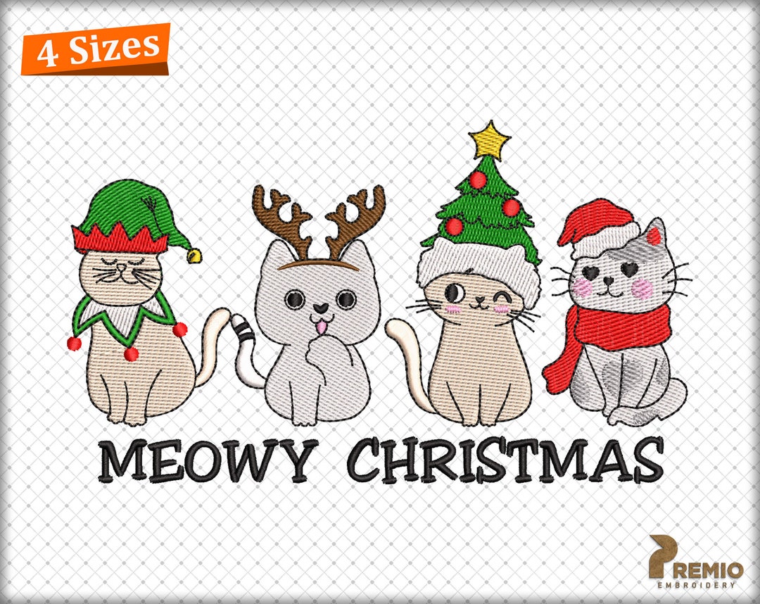 Meowy Christmas Embroidery Designs, Christmas Cat Embroidery Designs