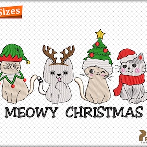 Meowy Christmas Embroidery Designs, Christmas Cat Embroidery Designs, Cat In Santa Hat Embroidery Design, Christmas Instant Download Files