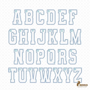 May include: A complete set of twenty-six embroidered varsity-style alphabet letters from A to Z. Each letter features a light blue stitched outline with a white center and a small circular hole at the top. The Remio Embroidery logo is in the corner.
