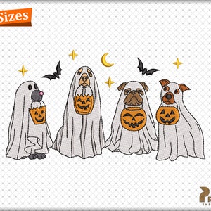 Dog Ghost Embroidery Design, Four Spooky Halloween Ghost Dog Embroidery Design, Halloween Pumpkin Dog Ghost Puppy Machine Embroidery Files