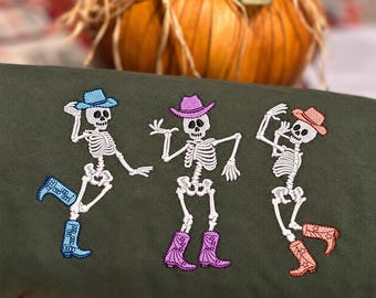 Diseño de bordado de esqueletos divertidos, diseño de bordado de esqueleto espeluznante, diseño de bordado de Halloween, patrón de calavera espeluznante para bailar al ritmo de las botas