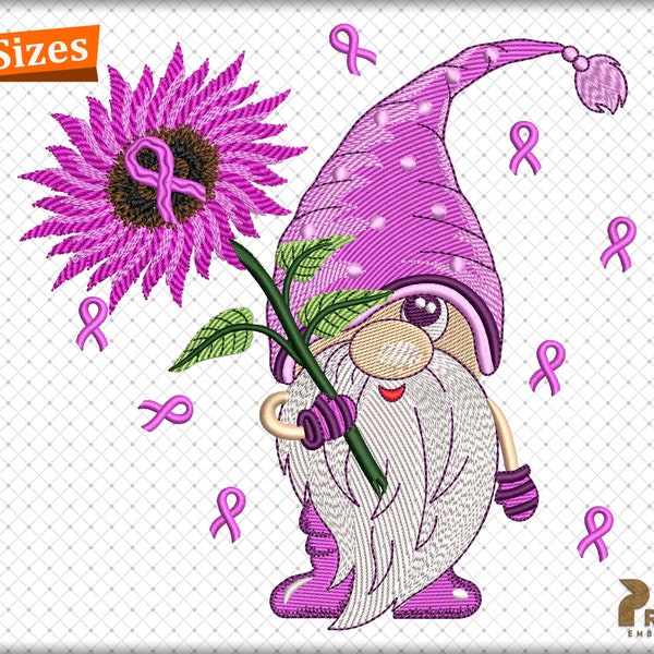 Awareness Gnome Embroidery Design, Sunflower Pink Gnome Machine Embroidery Files, Breast Cancer, Awareness Ribbon Gnome Embroidery Designs