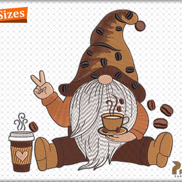 Kaffetomtedesigner, kaffetomtebroderidesign, kaffelattettomte, GNOME med kaffebönor digital broderifil - direkt nedladdning