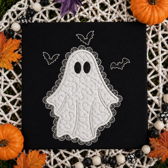 Faux Lace Applique Ghost Embroidery Design, Lacey Ghost Applique, Spooky Lace Edges Boo Applique Ghost, Halloween Machine Embroidery Files