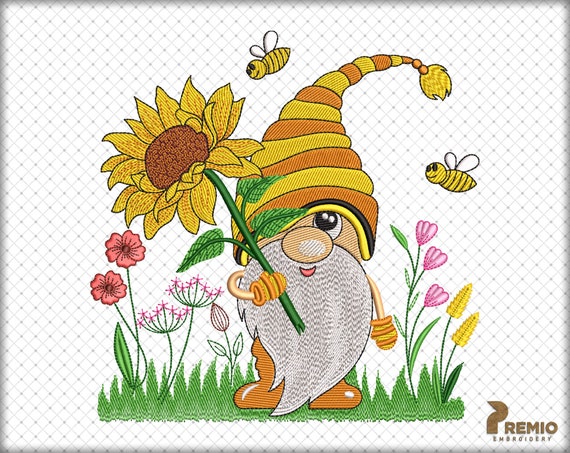 Sunflower Gnome Embroidery Design Wildflower Gnome Embroidery Patterns Gnome Sunflower Embroidery Designs Spring Gnome Embroidery Files Etsy