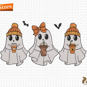 May include: Three cute ghosts wearing orange and white knit hats and holding cups of coffee. The ghosts are white with black eyes and mouths. The background is a white grid pattern.