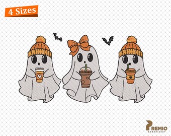 コーヒーを飲む不気味な幽霊の刺繍デザイン、ゴーストアイスコーヒーのハロウィン刺繍デザイン、コーヒーを飲む幽霊の刺繍ファイル