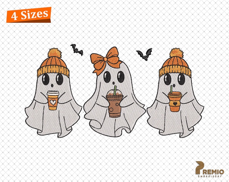 May include: Three cute ghosts wearing orange and white knit hats and holding cups of coffee. The ghosts are white with black eyes and mouths. The background is a white grid pattern.