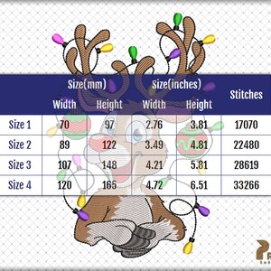 May include: A reindeer with a red nose and antlers is decorated with colorful Christmas lights. A table shows the size of the design in millimeters and inches, along with the number of stitches required for each size.
