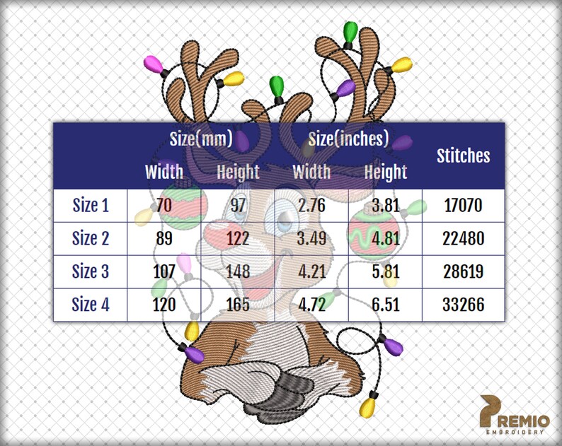 May include: A reindeer with a red nose and antlers is decorated with colorful Christmas lights. A table shows the size of the design in millimeters and inches, along with the number of stitches required for each size.