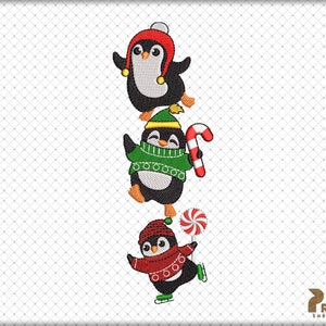 May include: Three embroidered penguins wearing winter hats and scarves. The top penguin is red, the middle penguin is green, and the bottom penguin is red. The middle penguin is holding a candy cane and the bottom penguin is holding a candy.
