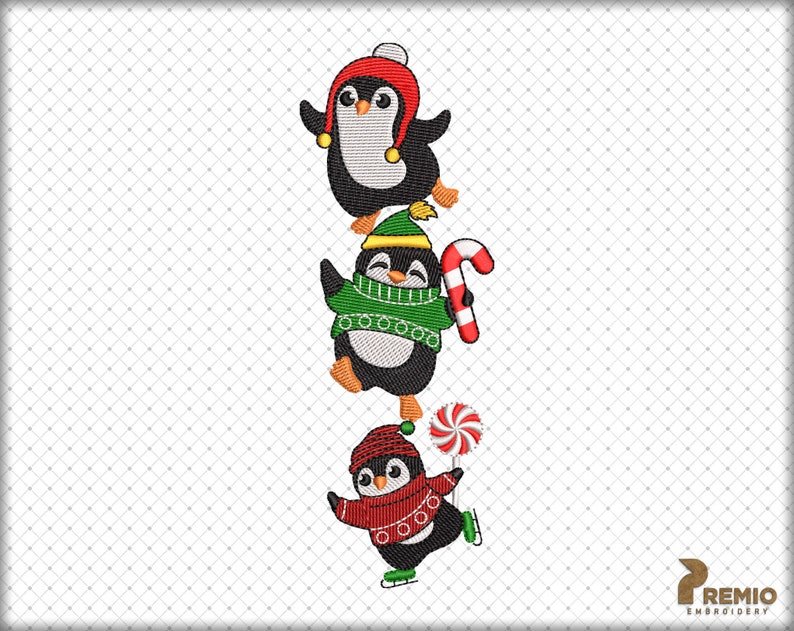 May include: Three embroidered penguins wearing winter hats and scarves. The top penguin is red, the middle penguin is green, and the bottom penguin is red. The middle penguin is holding a candy cane and the bottom penguin is holding a candy.