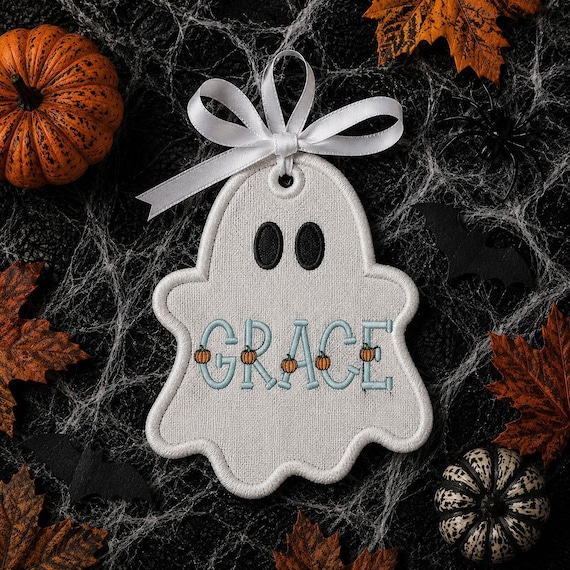 Ghost Applique Tag, Halloween Applique Name Tag, ITH Halloween Trick or Treat Bag Tag, Spooky Applique Embroidery, Halloween Embroidery Tag