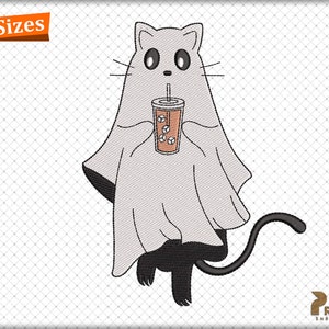 Ghost Cat with Coffee Embroidery Design, Spooky Season Cat Ghost Embroidery Design, Halloween Cat Machine Embroidery File - Instant Download